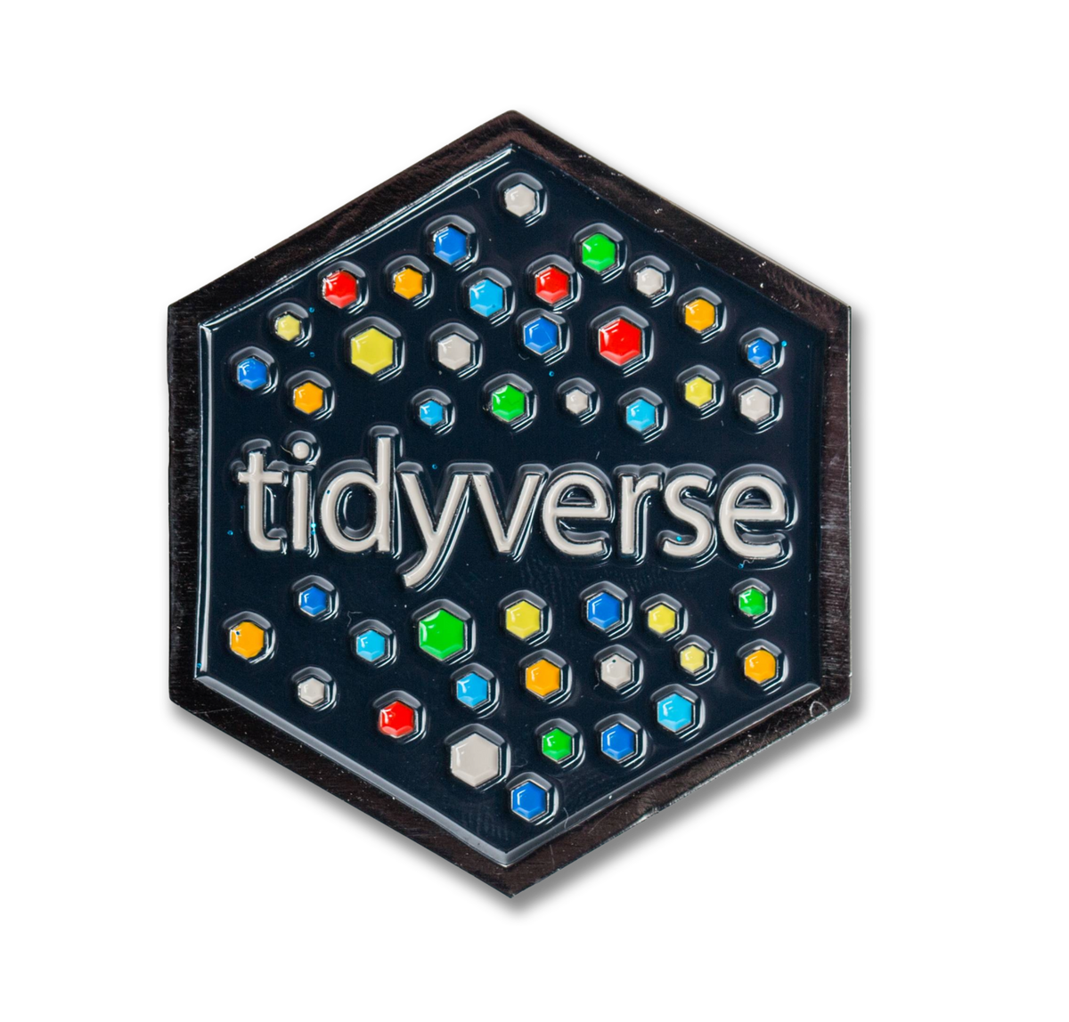 Hexagonal badge with 'tidyverse' text and colorful hexagonal pattern on a white background