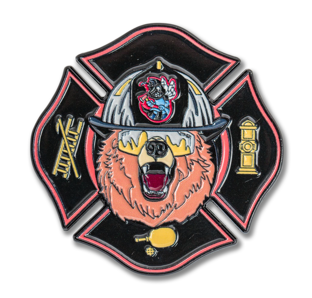 Firefighter-themed badge with bear design and Maltese cross on a white background
