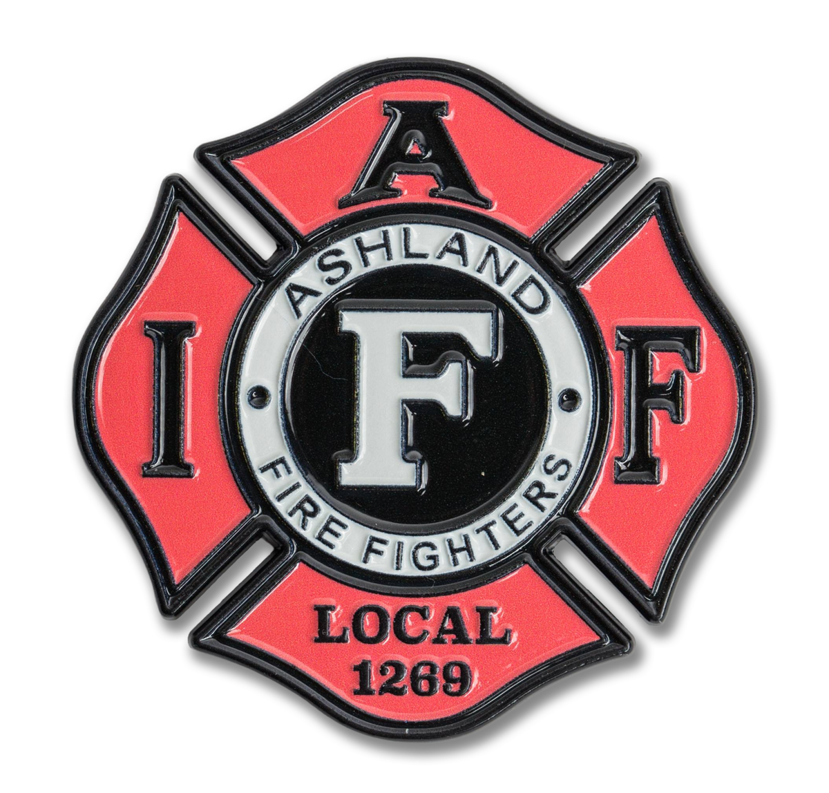 Ashland Firefighters Local 1269 badge with red and black design on a white background