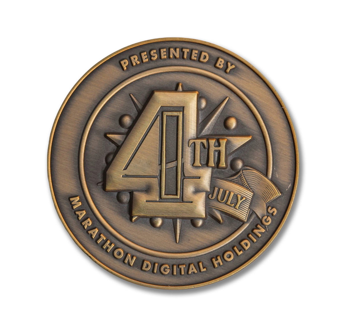 Bronze medal with '4th of July' design and 'Marathon Digital Holdings' text on a white background