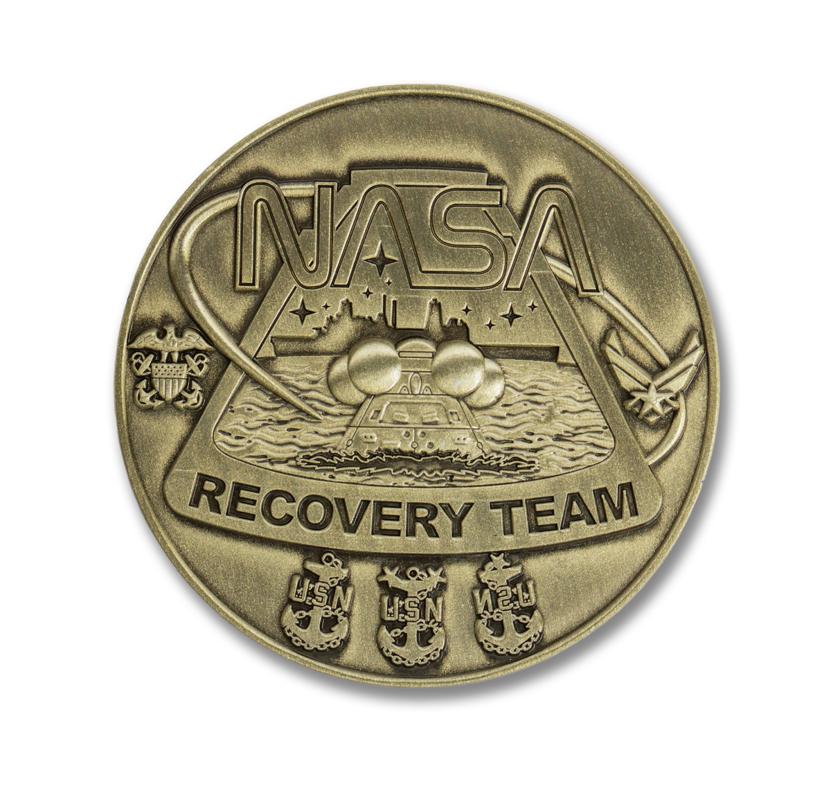 Bronze NASA Recovery Team coin on a white background