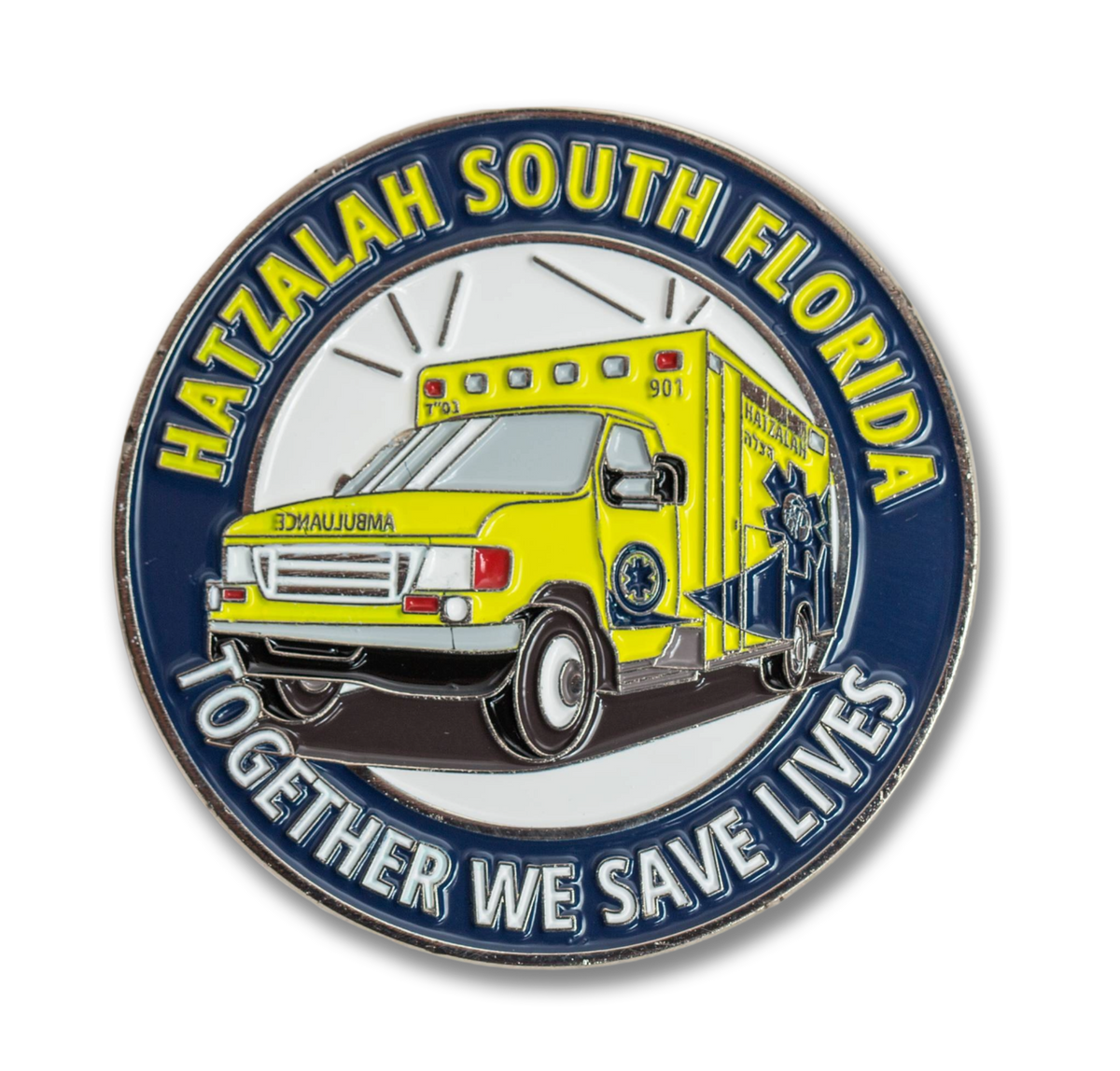 Pin with Hatzalah South Florida logo featuring an ambulance and text 'Together We Save Lives' on a white background.