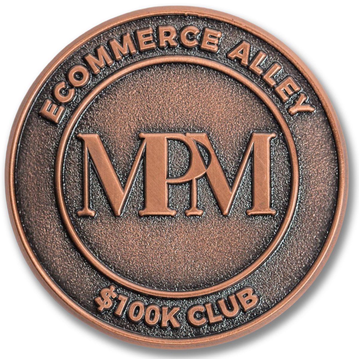Bronze coin with 'MPM' logo and text on a white background