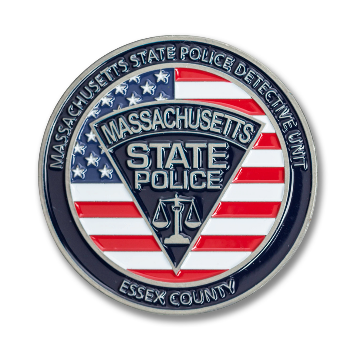 Massachusetts State Police Detective Unit Essex County coin with American flag design on a white background