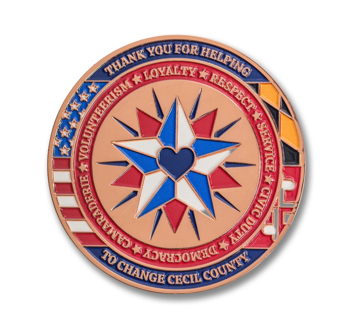 Circular badge with star design and text on a white background