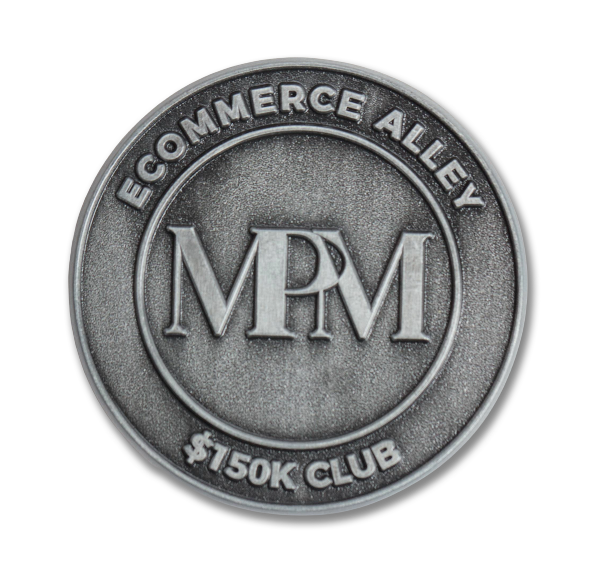 Metallic coin with 'Ecommerce Alley MPM $150K Club' text on a white background